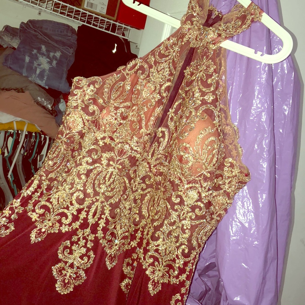 Elegant long wine colored gold beaded prom dress